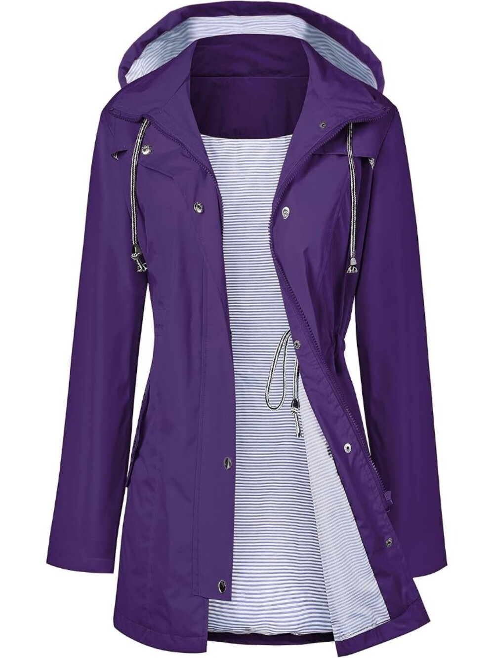 Women's Purple Hooded Adjustable Drawstring Waterproof Windbreaker Trench Coat